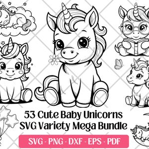 Niedliches Baby Einhorn SVG-Bundle, Schneidedateien, Vektorkunst, PNG, DXF Eps Pdf, Laser-Gravur-Dateien · Baby Einhorn Clipart svg