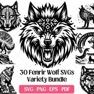 May include: A selection of black and white Fenrir wolf SVG designs. The images feature diverse wolf illustrations, including a wolf's head, a howling wolf, and wolves in various poses. The bundle includes SVG, PNG, EPS, and PDF formats.
