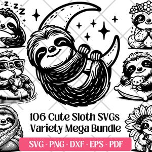 Niedliches Faultier SVG-Bundle, PNG, DXF Eps Pdf, Lasergravur Schneidedateien ♥ Lustige schlafende hängende faule Baby-Faultierkopf-Gesicht-Silhouette Clipart