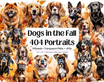 Dogs in the Fall • 404 Dogs Clipart Bundle • Watercolor Puppy and Dog PNG for Sublimation, 111 Breeds Dog Designs Digital Download Print Art