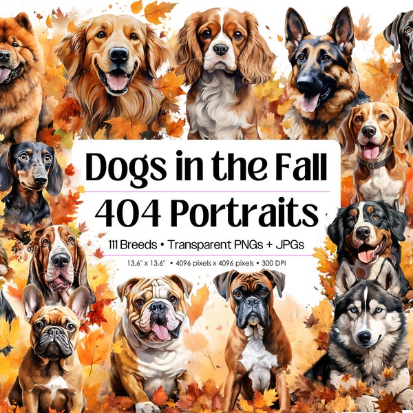 Dogs in the Fall • 404 Dogs Clipart Bundle • Watercolor Puppy and Dog PNG for Sublimation, 111 Breeds Dog Designs Digital Download Print Art