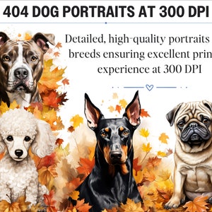 Dogs in the Fall 404 Dogs Clipart Bundle Watercolor Puppy and Dog PNG for Sublimation, 111 Breeds Dog Designs Digital Download Print Art Bild 3