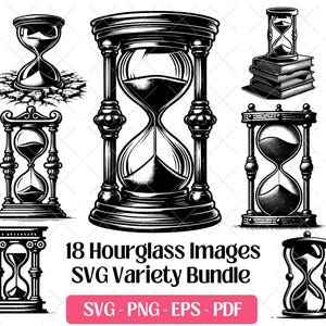 Könnte beinhalten: Eine Sammlung von 18 schwarz-weißen Sanduhr-Illustrationen in verschiedenen Designs. Das Bild enthält den Text "18 Hourglass Images SVG Variety Bundle" und "SVG - PNG - EPS - PDF" auf einem rosa Hintergrund.