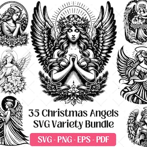 Christmas Angels SVG Bundle Cutting Laser Engraving Files, Celestial Holiday Angel Clipart PNG Festive Angel Silhouette Sublimation Design