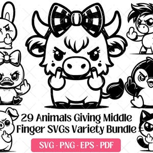 Könnte beinhalten: Schwarz-weiße Cartoon-Tier-SVG-Sammlung. Enthält ein Kaninchen, eine Kuh, eine Ente, ein Pferd, einen Pinguin, ein Schwein und eine Katze, die alle den Mittelfinger zeigen. Text: "29 Animals Giving Middle Finger SVGs Variety Bundle".