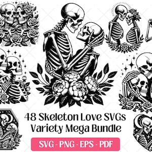 Puede incluir: Ilustraciones en blanco y negro de esqueletos en poses románticas, rodeados de rosas y elementos florales. La imagen incluye el texto "48 Skeleton Love SVGs Variety Mega Bundle" con opciones de tipo de archivo.