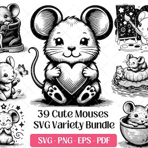 Cute Mouse SVG Bundle Cutting Laser Engraving Files, Cartoon Mouse Clipart PNG Silhouette Design, Cute Mouse Vector Art