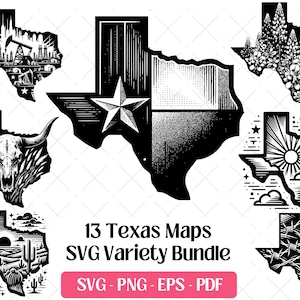 Carte du Texas SVG Bundle, fichiers de découpe, art vectoriel, PNG Eps Pdf, fichiers de gravure laser · Lone Star Texas State Map Design Clipart Silhouette