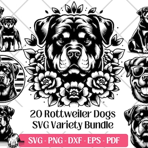 Rottweiler SVG Bundle, vecteur, PNG, DXF, Eps, Pdf découpe et fichiers de gravure laser pour impressions, sublimation mignon Rottweiler Rottie chien chiot