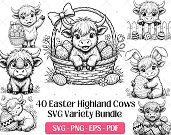 Easter Highland Cow SVG Bundle · Baby Animal Clipart PNG · Cricut