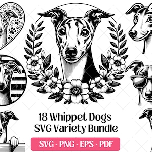 Whippet SVG Bundle Cutting Laser Engraving Files, Sighthound Dog Clipart PNG Silhouette Design, Whippet Vector Graphics