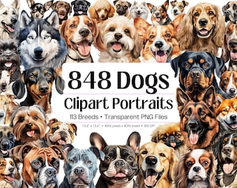 May include: A collection of dog portraits featuring various breeds, with the text "848 Dogs Clipart Portraits" and details about the file size and resolution. The image showcases a variety of dog breeds in a colorful and detailed style.