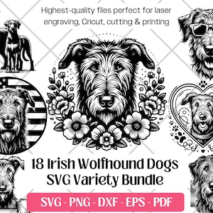 アイリッシュ・ウルフハウンド SVG バンドル、ベクター、PNG、DXF、EPS、PDF、カッティングおよびレーザー彫刻ファイル、アイリッシュ・ウルフハウンド犬のクリップアート子犬昇華プリント