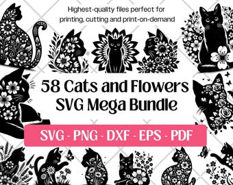 Floral Cat SVG Bundle, Botanical Silhouette Cricut Clipart (png, pdf)