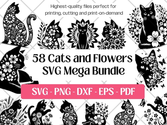 Floral Cat SVG Bundle, Botanical Silhouette Cricut Clipart (png, pdf)