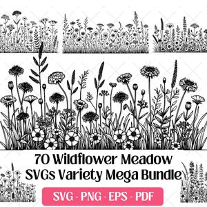 Puede incluir: Dibujo lineal en blanco y negro de varias flores silvestres y hierbas. La imagen incluye el texto "70 Wildflower Meadow SVGs Variety Mega Bundle" y las opciones de tipo de archivo "SVG - PNG - EPS - PDF" en un rectángulo rosa.