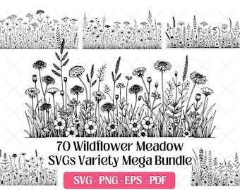 May include: Black and white line art of various wildflowers and grasses. The image includes the text "70 Wildflower Meadow SVGs Variety Mega Bundle" and the file type options "SVG - PNG - EPS - PDF" in a pink rectangle.