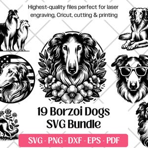 Bundle Barzoï SVG, vecteur de chien mignon, PNG, DXF, Eps, fichiers PDF de découpe et de gravure laser, impression par sublimation de Barzoï Clipart chien chiot