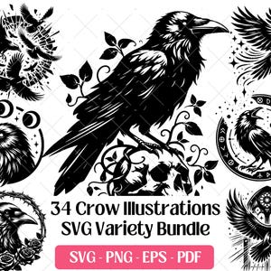 Crow SVG Bundle Cutting Laser Engraving Files, Vector PNG, Halloween Flying Black Crow HeadFace SVG Clipart Wiccan Pagan Silhouette Design