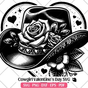 Cowgirl hoed en harten Valentijnsdag SVG snijden lasergravure bestand PNG Dxf Eps Pdf, schattige koe meisje Valentine clipart ontwerp sublimatie