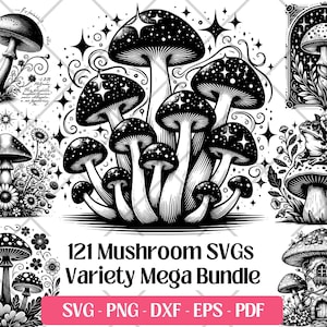 May include: Black and white mushroom-themed digital art bundle. The image features various mushroom illustrations, including detailed drawings of different mushroom types, a frog on a mushroom, and a mushroom house. Text reads "121 Mushroom SVGs Variety Mega Bundle".