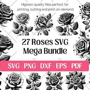 Pacote SVG de rosas, arquivos SVG de flores de rosas, arte vetorial PNG DXF, EPS PDF, modelo de cabeça de rosa botânica, clipart de silhueta, arquivo de corte para corte a laser