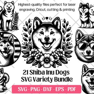 Pacchetto SVG di Shiba Inu, file vettoriali, PNG, DXF, EPS, PDF, per taglio e incisione laser, stampa a sublimazione di un simpatico cane giapponese Shiba Inu.