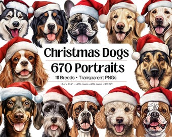 Christmas Dog Portraits Clipart PNG Bundle · Santa Hat Winter Puppies