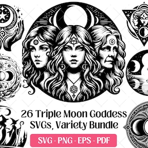 Bundle SVG triple lune déesse, mère jeune fille vieille femme gothique païen wicca sorcellerie sorcière découpe Svg gravure fichiers PNG, conception EPS