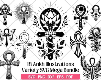 May include: A collection of 18 black and white Ankh illustrations in various designs, including butterfly, lotus, and winged motifs. The text "18 Ankh Illustrations Variety SVG Mega Bundle" is displayed below the images, with file format options.