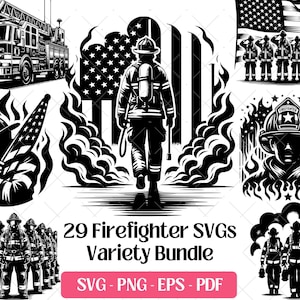 Puede incluir: Conjunto de archivos SVG en blanco y negro con temática de bomberos. Incluye ilustraciones de camiones de bomberos, bomberos, la bandera estadounidense y llamas. También está presente el texto "29 Firefighter SVGs Variety Bundle".