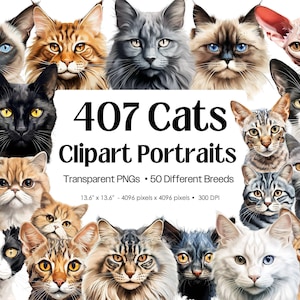 Watercolor Cat Portraits PNG Bundle · 50 Breeds Kitten Sublimation