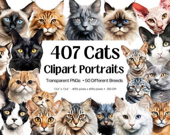 Watercolor Cat Portraits PNG Bundle · 50 Breeds Kitten Sublimation