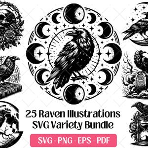Könnte beinhalten: Eine Sammlung von 25 Rabenillustrationen in Schwarzweiß. Die Designs zeigen Raben auf Monden, Büchern und Sanduhren sowie in kreisförmigen Rahmen mit Monden und Sternen. Der Text "25 Raven Illustrations SVG Variety Bundle" ist ebenfalls vorhanden.