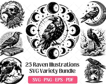 Raven SVG Bundle · Gothic Dark Bird Mystery Poe Raven Design Clipart PNG PDF · Cricut Laser Engraving Cut Silhouette Files