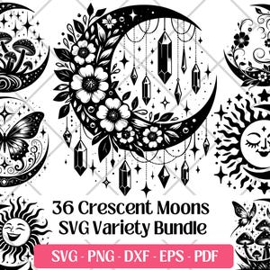 Wassende maan SVG-bundel, snijden lasergravure bestanden Vector Art PNG DXF Eps Pdf, zon en maan silhouet hemelse Svg sublimatie clipart