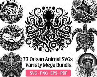 Pacote de SVG de Animais Marinhos · Clipart de Vida Marinha em PNG · Arquivos para Cricut