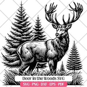 Cerf dans la forêt SVG découpe fichier de gravure laser PNG Dxf Eps Pdf, amoureux de la chasse au cerf dans la forêt des cliparts, impression par sublimation
