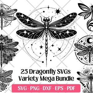 Paquete de archivos SVG de libélulas • Diseños florales, naturales y bohemios de insectos (25 archivos)