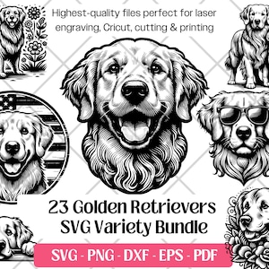 Pacote SVG de Golden Retriever, Vetor, PNG, DXF, EPS, PDF, Arquivos de Corte e Gravação a Laser, Impressão por Sublimação de Clipart de Cachorro Golden Retriever Fofo