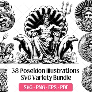 Könnte beinhalten: Eine Sammlung von Schwarz-Weiß-Illustrationen des griechischen Gottes Poseidon, die verschiedene Darstellungen mit seinem Dreizack, Delfinen und Streitwagen zeigen. Der Text lautet "38 Poseidon Illustrations SVG Variety Bundle" mit Dateitypoptionen.