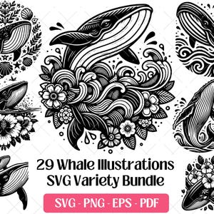 Pode incluir: Ilustrações de baleias em preto e branco em vários designs. A imagem inclui uma variedade de gráficos de baleias, alguns rodeados por elementos florais e oceânicos. O texto diz "29 Whale Illustrations SVG Variety Bundle" com opções de tipo de arquivo.