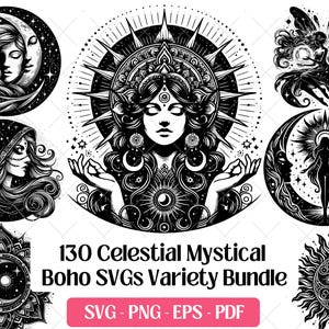 Bundle SVG Boho mystique céleste, fichiers de gravure laser de découpe, art vectoriel, PNG Eps Pdf · Magie spirituelle sorcellerie sorcellerie Clipart Svg
