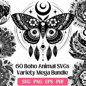 Paquete SVG de animales bohemios, archivos de corte y grabado láser, arte vectorial, PNG, EPS, PDF · Diseño de animales bohemios salvajes del bosque, imágenes prediseñadas de sublimación SVG