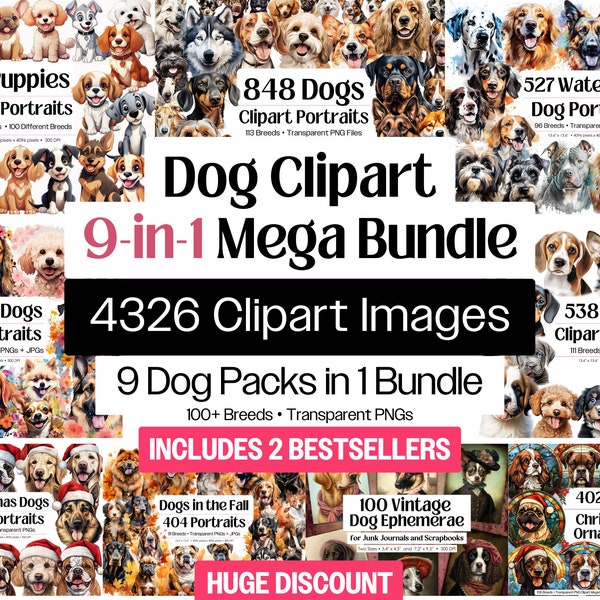 Dog Clipart Mega Bundle, 4326 Dog Clipart Sublimation Designs, 9 Packs in 1 Bundle, Dog Breeds PNG Files, Watercolor Dog Digital Printables