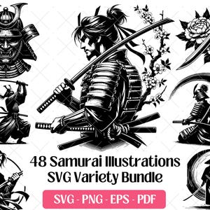 Samurai SVG Bundle Cutting Laser Engraving Files, Japanese Warrior Clipart PNG Silhouette Design Traditional Culture Samurai Art Sublimation