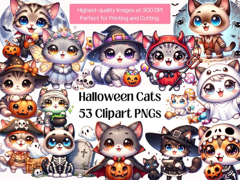 Halloween Cats PNG Bundle · Spooky Witchy Funny Cat Clipart image 1