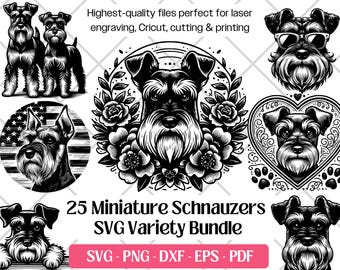 Op de afbeelding: Een zwart-wit digitaal kunstpakket met 25 Miniature Schnauzer-ontwerpen. De ontwerpen omvatten portretten, illustraties en graphics, met de tekst "Highest-quality files perfect for laser engraving, Cricut, cutting & printing" en "SVG Variety Bundle".