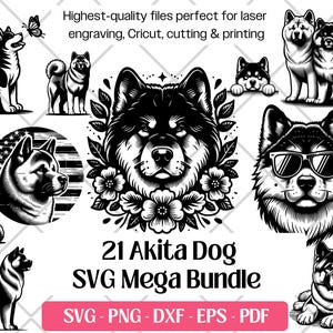 Akita SVG-bundel, hond Vector, PNG, DXF, Eps, Pdf-snijden en lasergravure-bestanden voor knipsel, afdrukken Japanse Akita-hond puppy-sublimatie