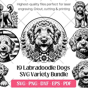 Labradoodle SVG Bundle, vecteur, PNG, Dxf, Eps, Pdf, fichiers de découpe et de gravure laser, impression par sublimation des cliparts mignon chien Labradoodle chiot